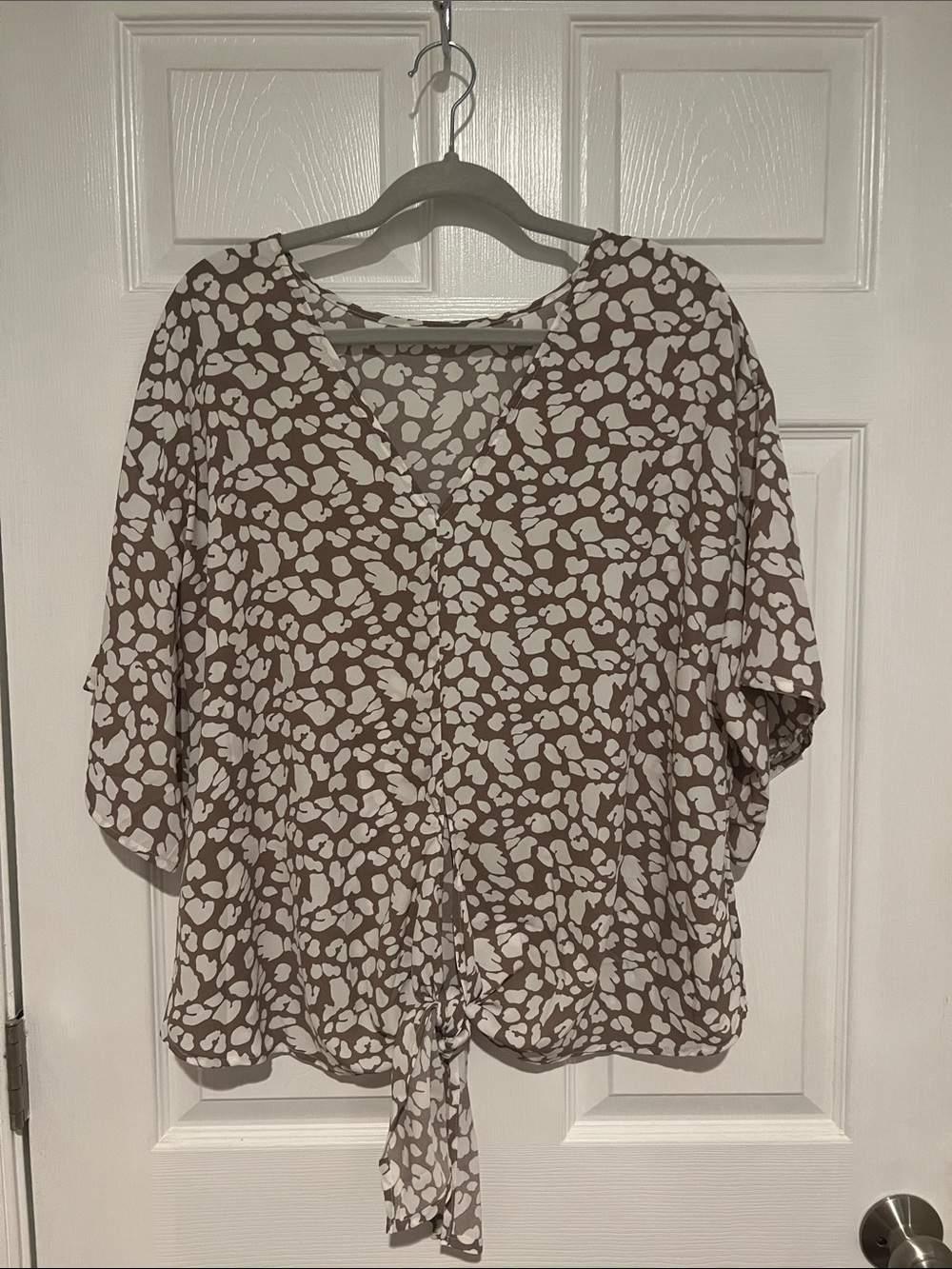 Amazon Brown and White Tie-Front V-Neck Blouse